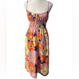 Rails Linen Octavia Midi Dress Extra Small Floral Blue Yellow Boho Designer XS